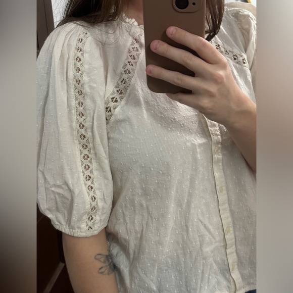 White/Cream Puff Sleeve Button down Blouse - Picture 2 of 4